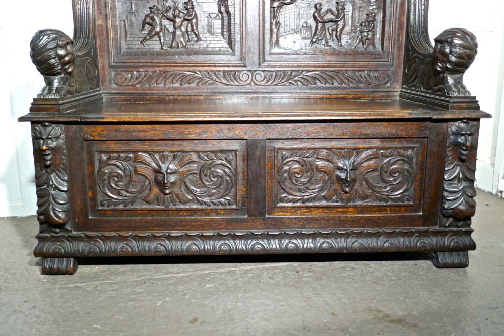 19th Century Gothic Oak Green Man Box Settle, Carved with Resting Lions View IV