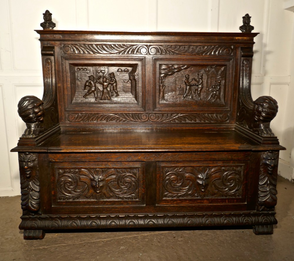 19th Century Gothic Oak Green Man Box Settle, Carved with Resting Lions View V