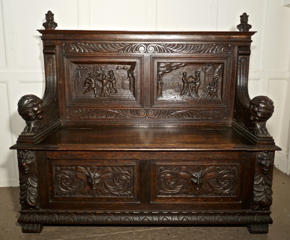 19th Century Gothic Oak Green Man Box Settle, Carved with Resting Lions View VI