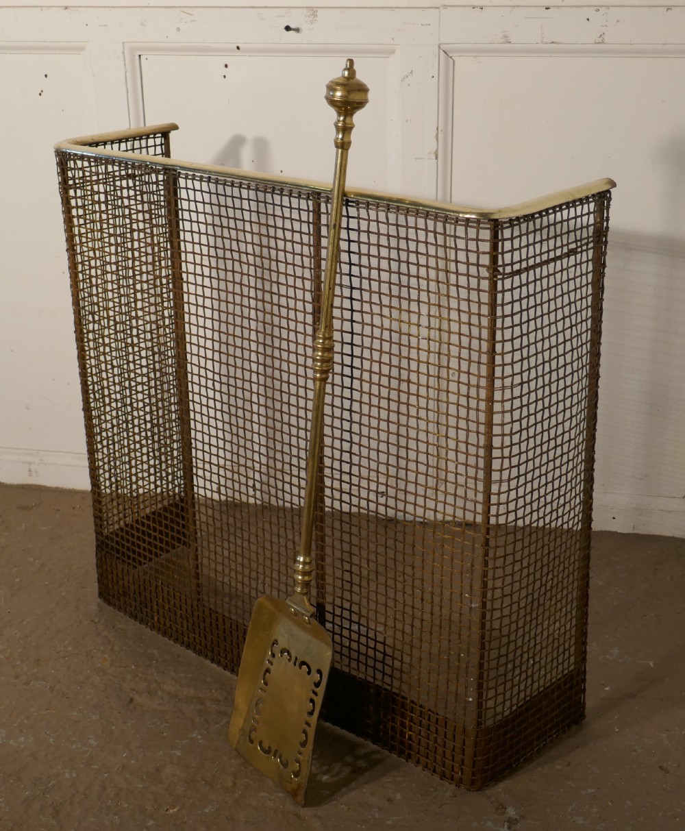 A Petite High Victorian Nursery Fire Guard, Brass Fender and Shovel