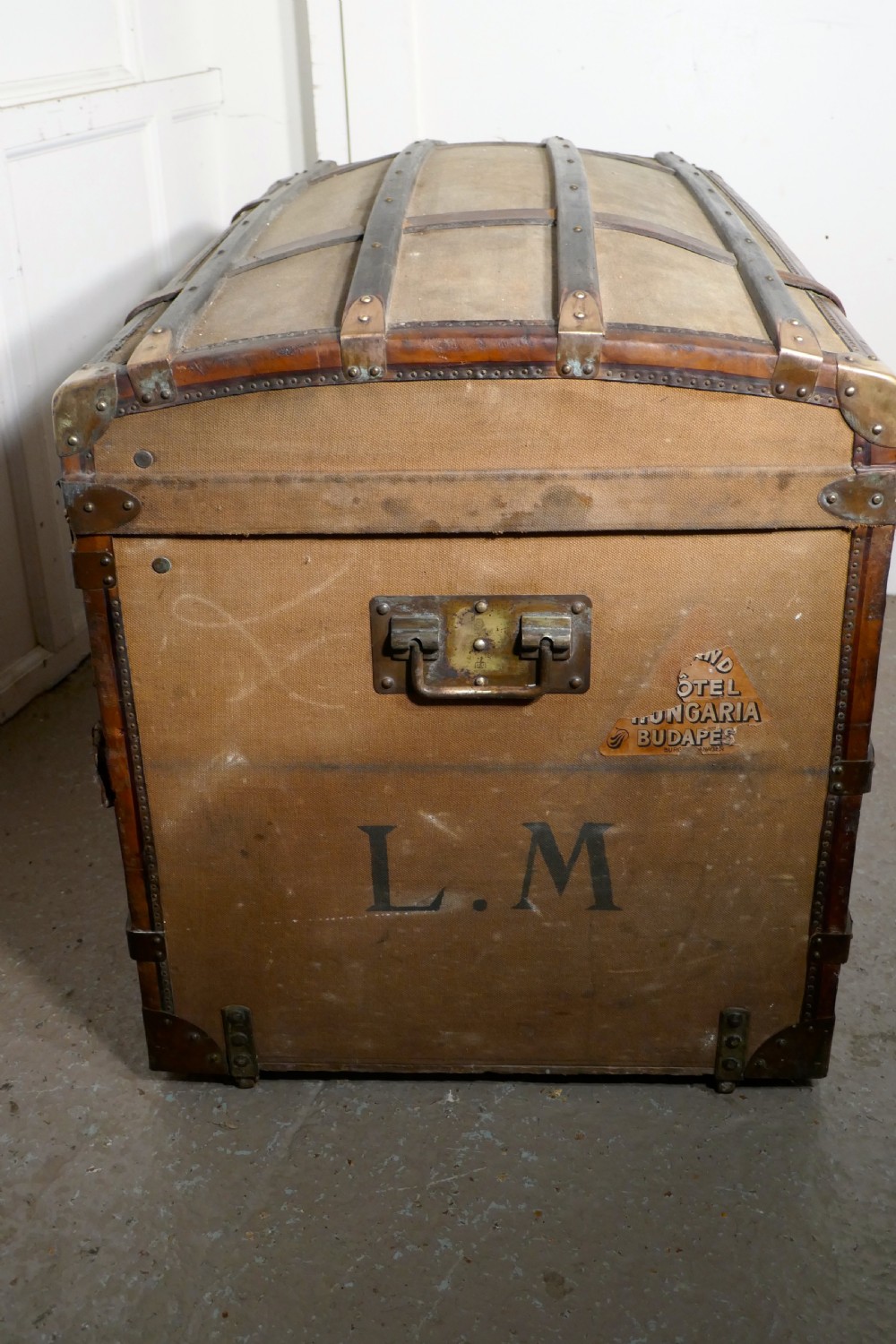 A Large 19th Century French Canvas Dome Top Travel Trunk, Lion Brand View IX