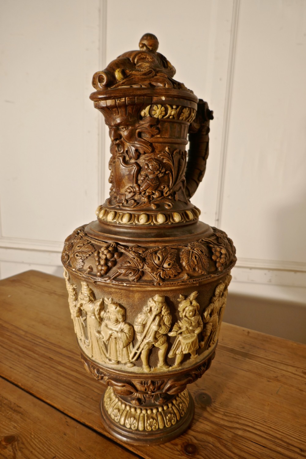 Large Black Forest Harvest Pottery Wine Jug, on a Hunting Theme View XII
