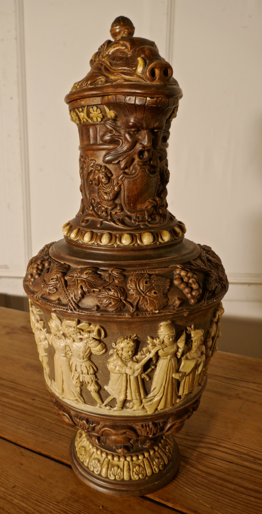 Large Black Forest Harvest Pottery Wine Jug, on a Hunting Theme View XIV