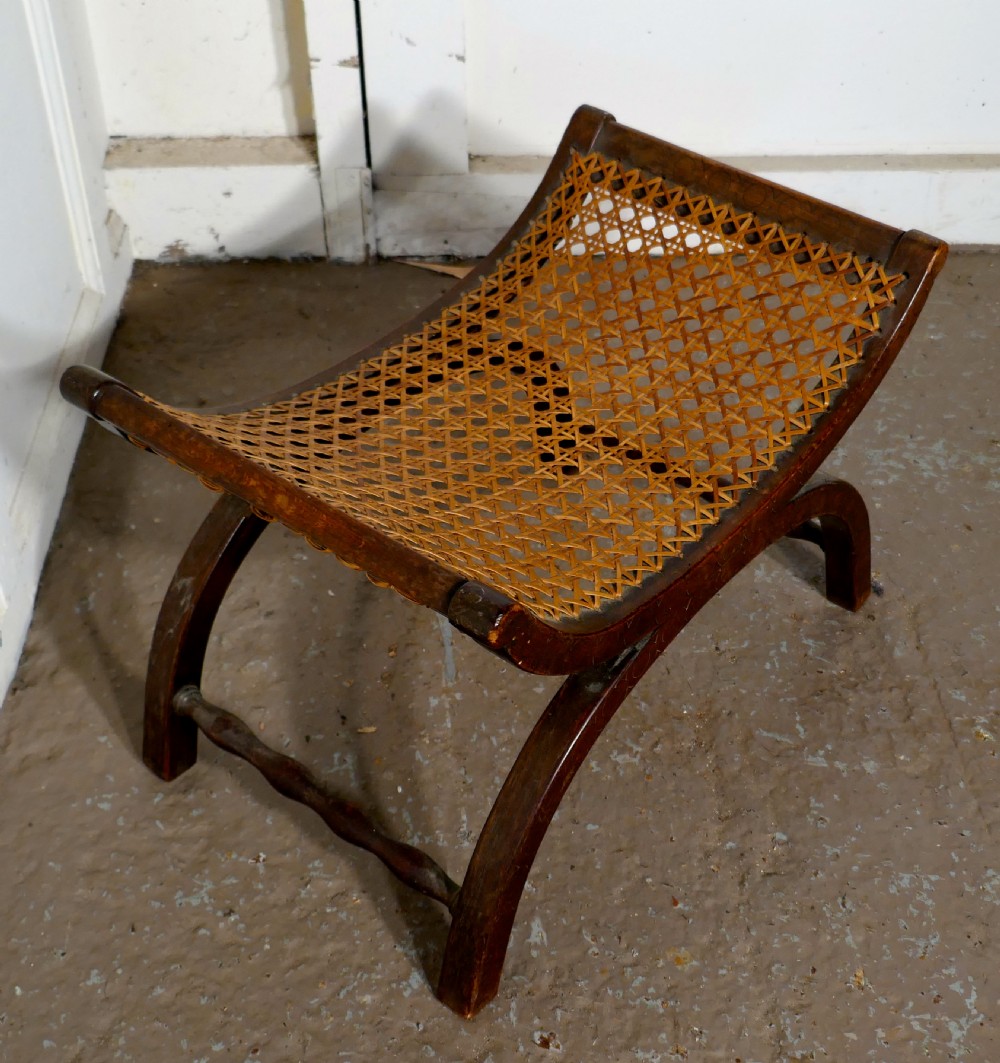19th Century French Oak X Frame Stool, with Flat Caned Seat View II