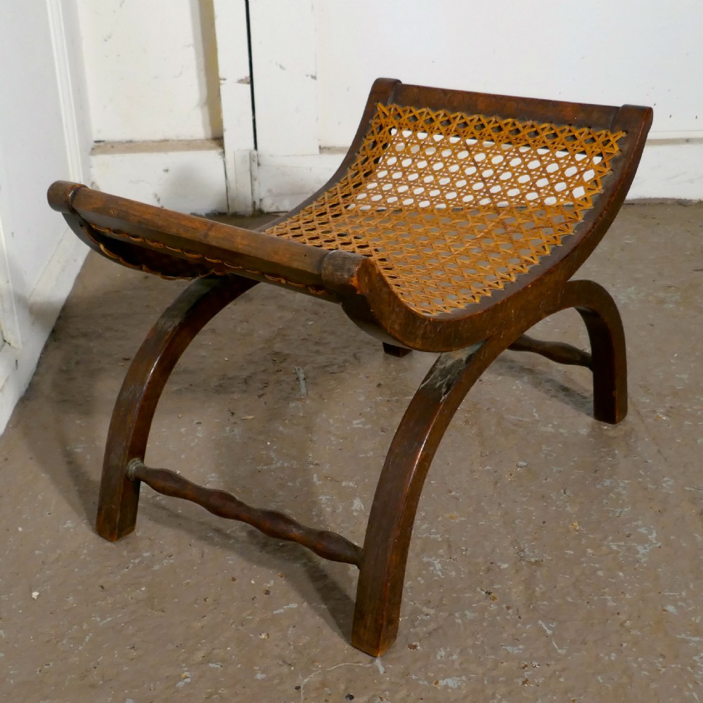 19th Century French Oak X Frame Stool, with Flat Caned Seat View III