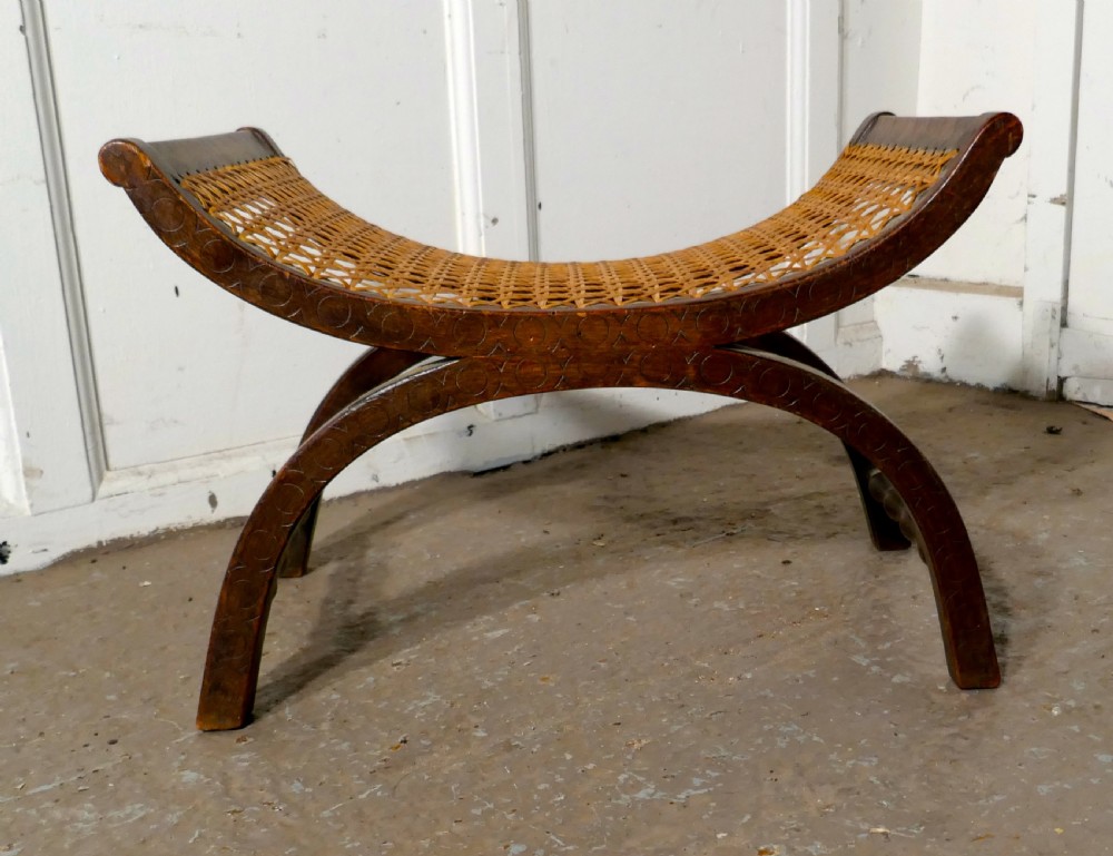 19th Century French Oak X Frame Stool, with Flat Caned Seat View V