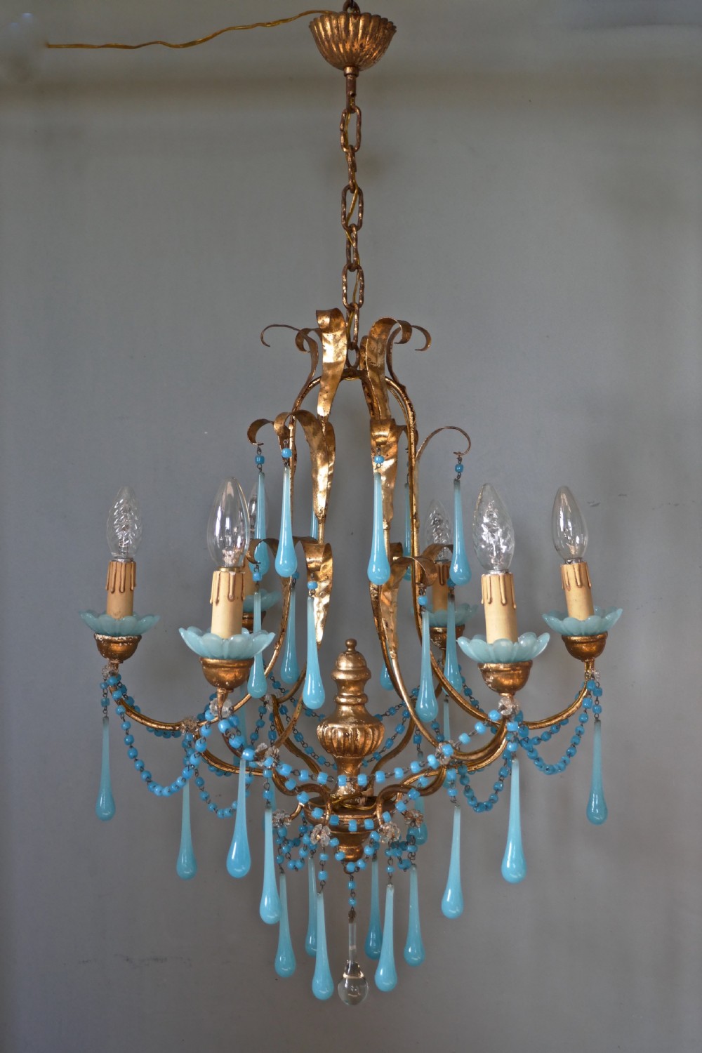 French Gilt-wood and Toleware Turquoise Opaline Glass 6 Branch Chandelier
