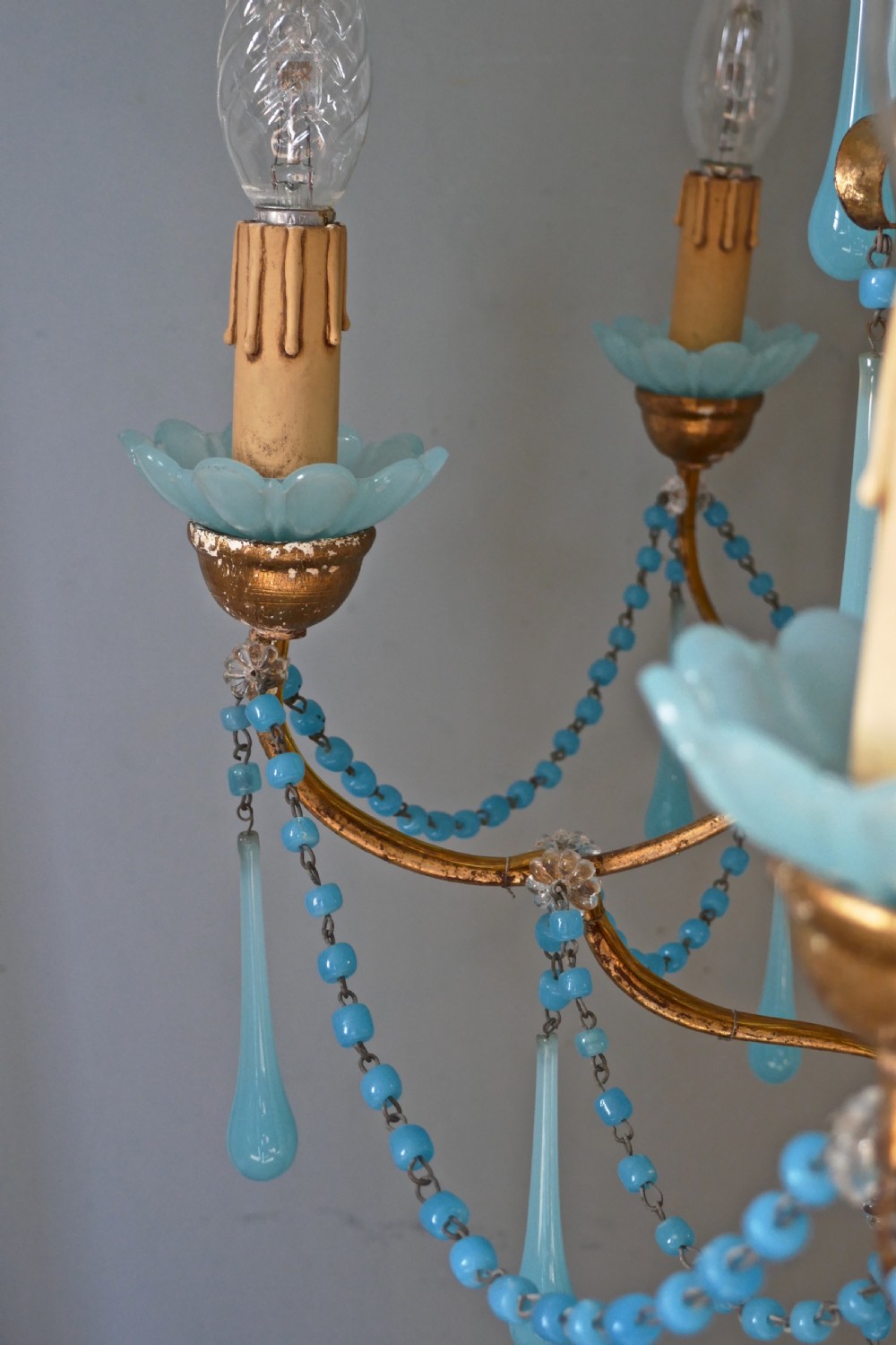 French Gilt-wood and Toleware Turquoise Opaline Glass 6 Branch Chandelier View II