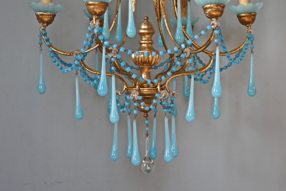 French Gilt-wood and Toleware Turquoise Opaline Glass 6 Branch Chandelier View IV