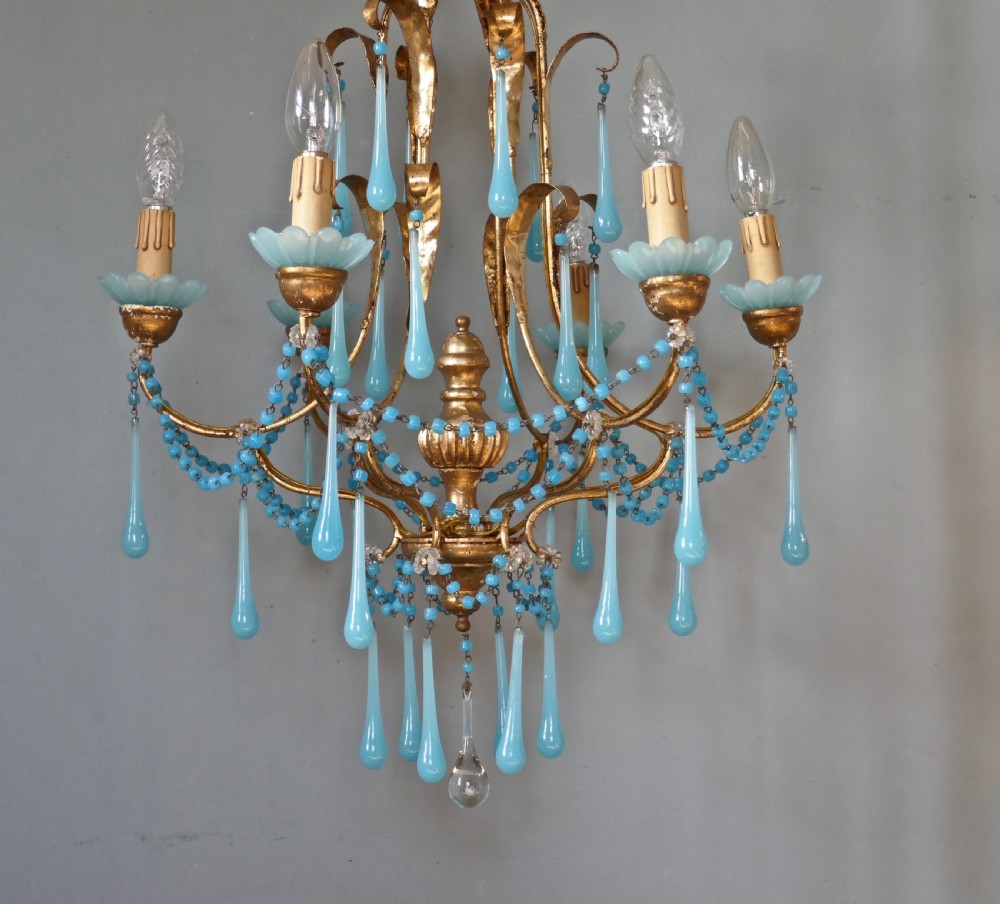 French Gilt-wood and Toleware Turquoise Opaline Glass 6 Branch Chandelier View V
