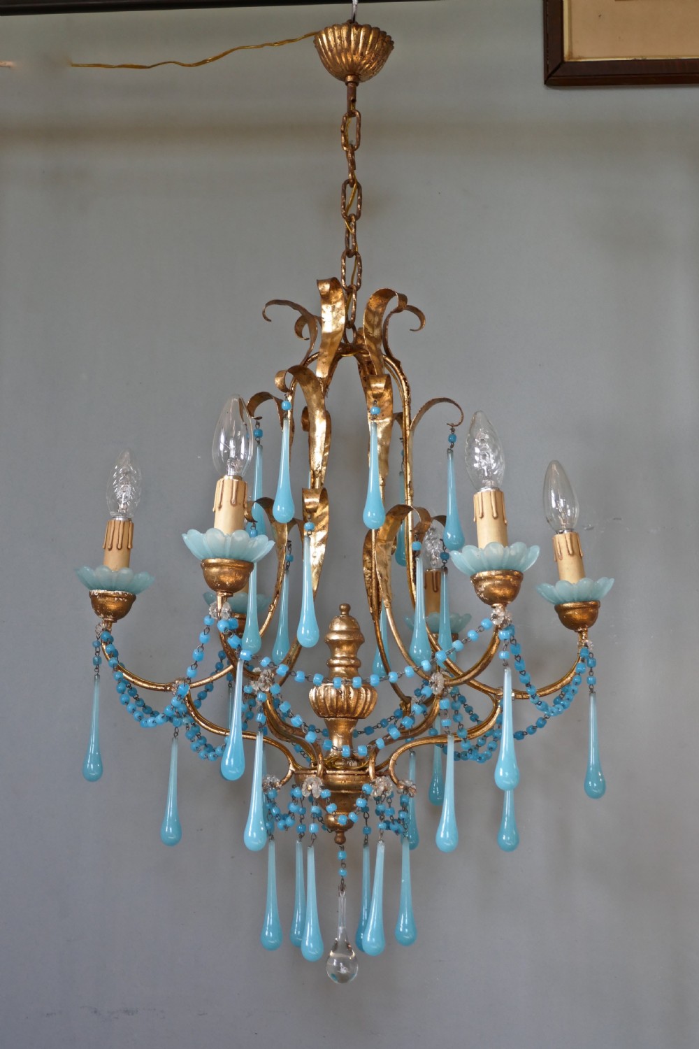French Gilt-wood and Toleware Turquoise Opaline Glass 6 Branch Chandelier View VI