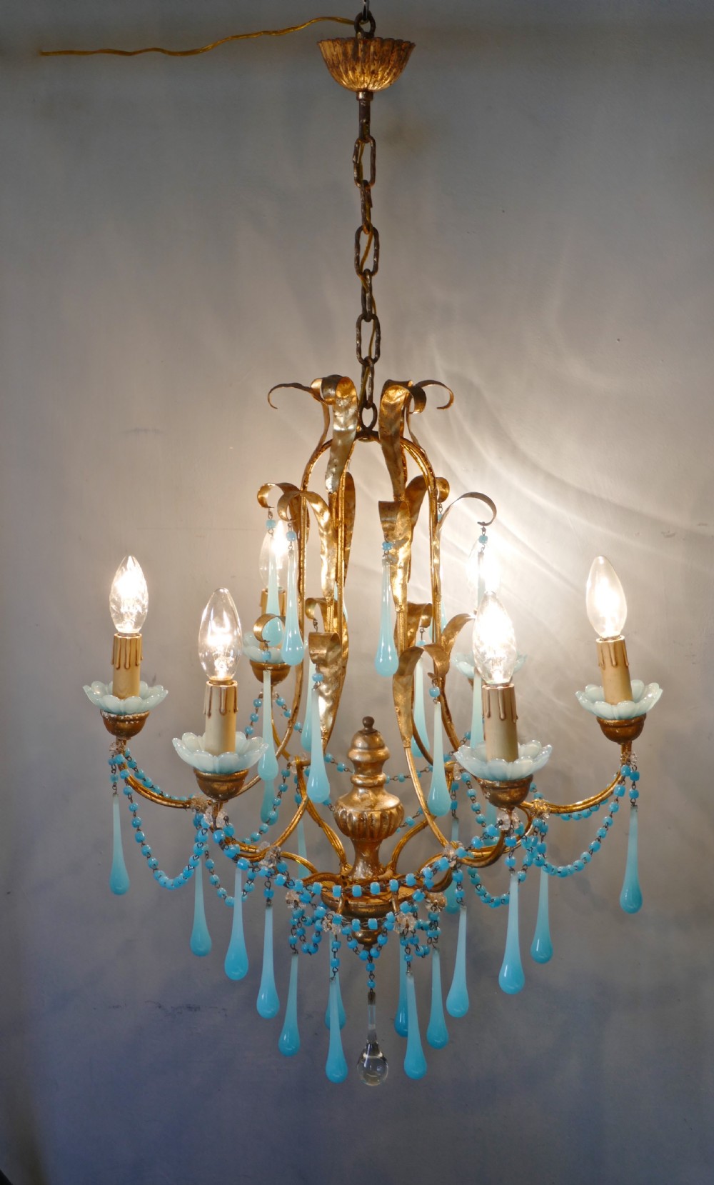 French Gilt-wood and Toleware Turquoise Opaline Glass 6 Branch Chandelier View VII