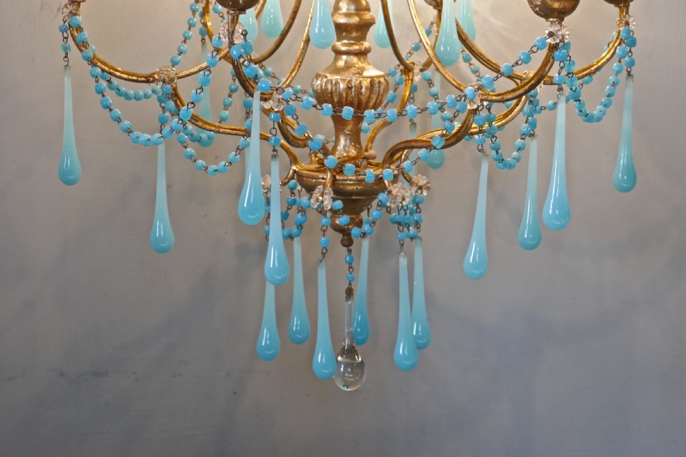 French Gilt-wood and Toleware Turquoise Opaline Glass 6 Branch Chandelier View VIII
