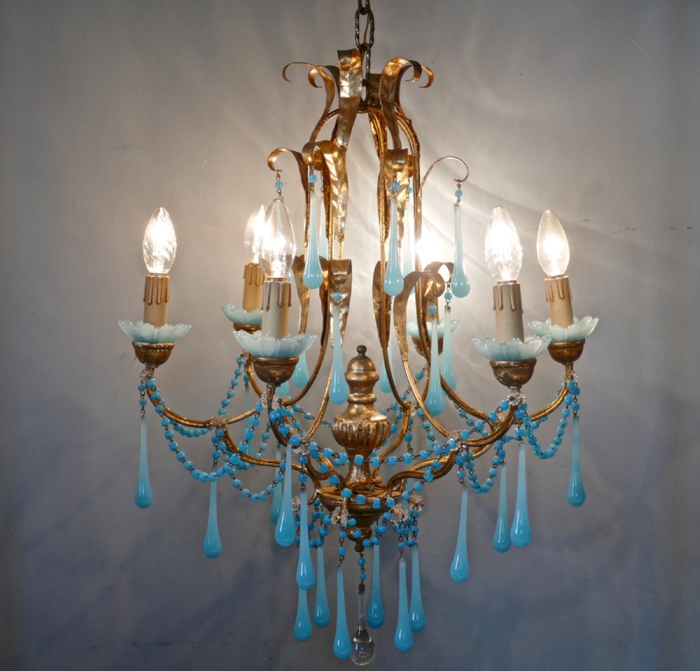 French Gilt-wood and Toleware Turquoise Opaline Glass 6 Branch Chandelier View IX