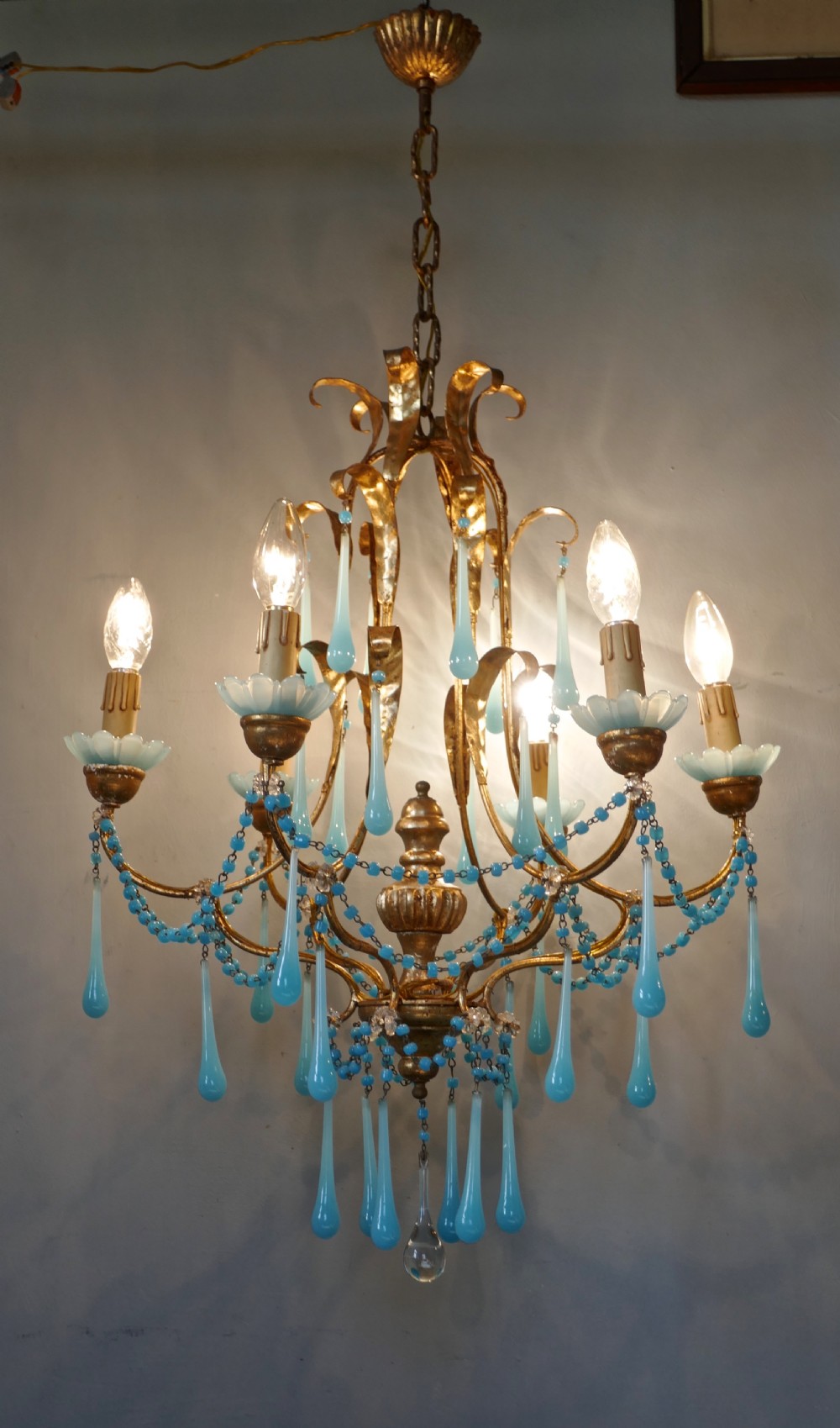 French Gilt-wood and Toleware Turquoise Opaline Glass 6 Branch Chandelier View X