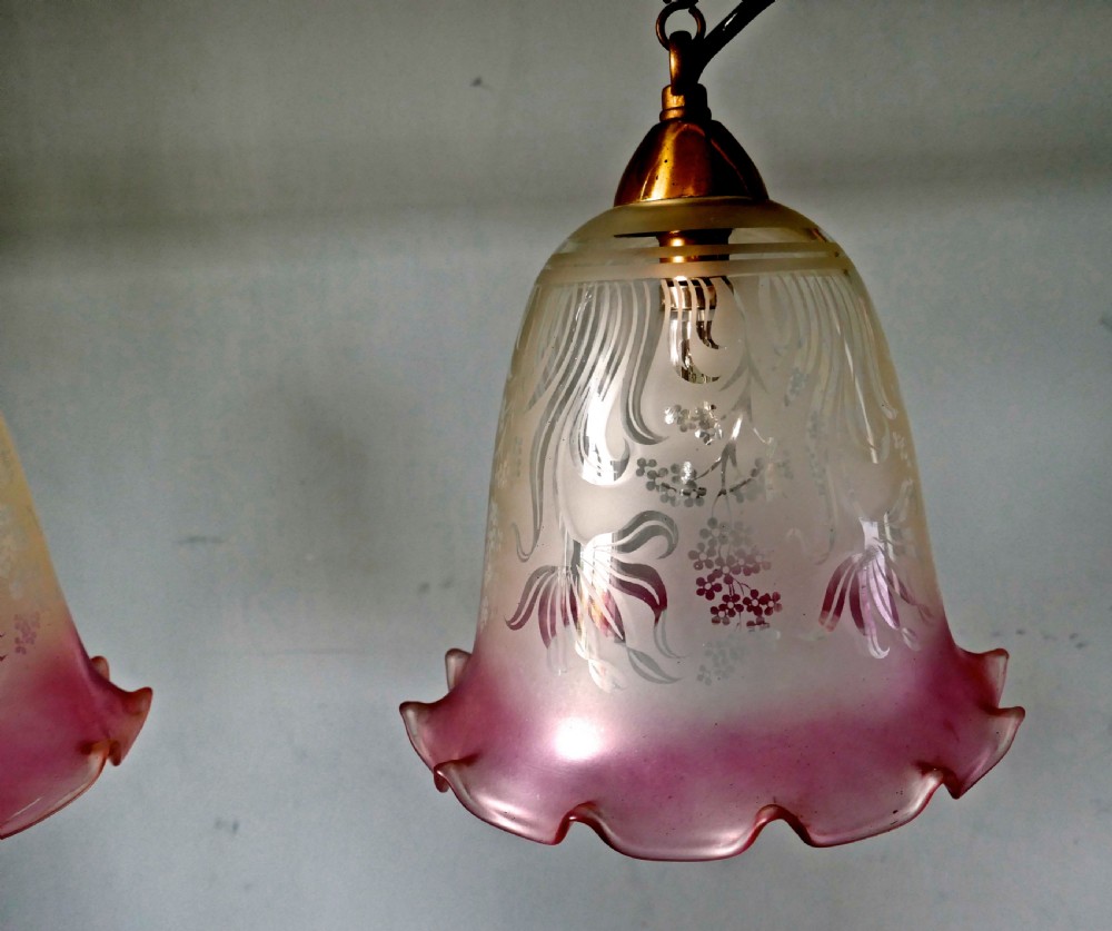 A pair of Large Glass Ceiling Lights with Etched, Pink and Clear Pendant Lampshades View II