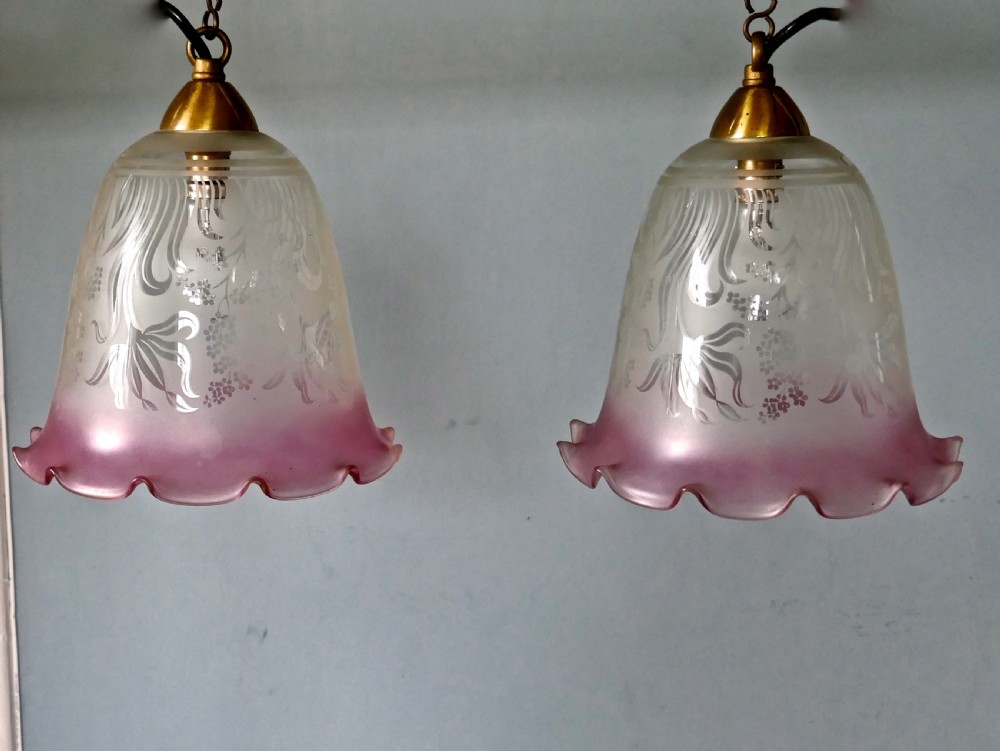 A pair of Large Glass Ceiling Lights with Etched, Pink and Clear Pendant Lampshades