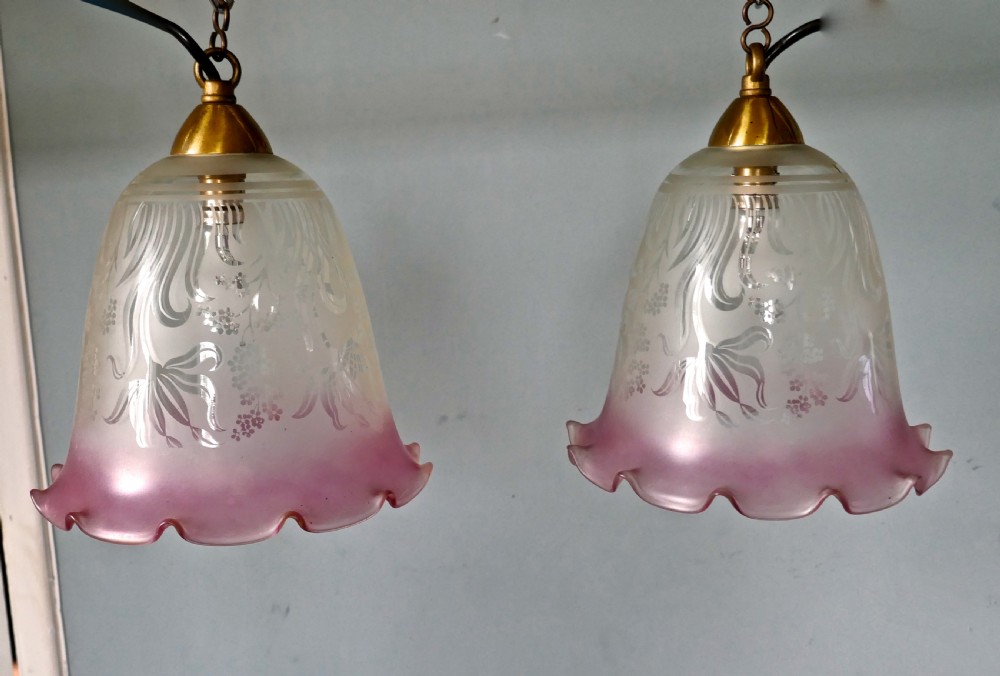 A pair of Large Glass Ceiling Lights with Etched, Pink and Clear Pendant Lampshades View III