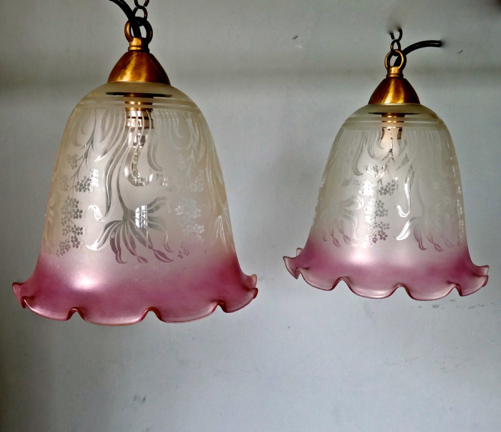 A pair of Large Glass Ceiling Lights with Etched, Pink and Clear Pendant Lampshades View IV