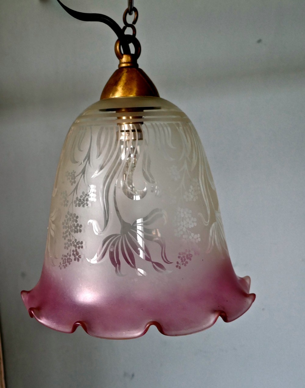 A pair of Large Glass Ceiling Lights with Etched, Pink and Clear Pendant Lampshades View VII