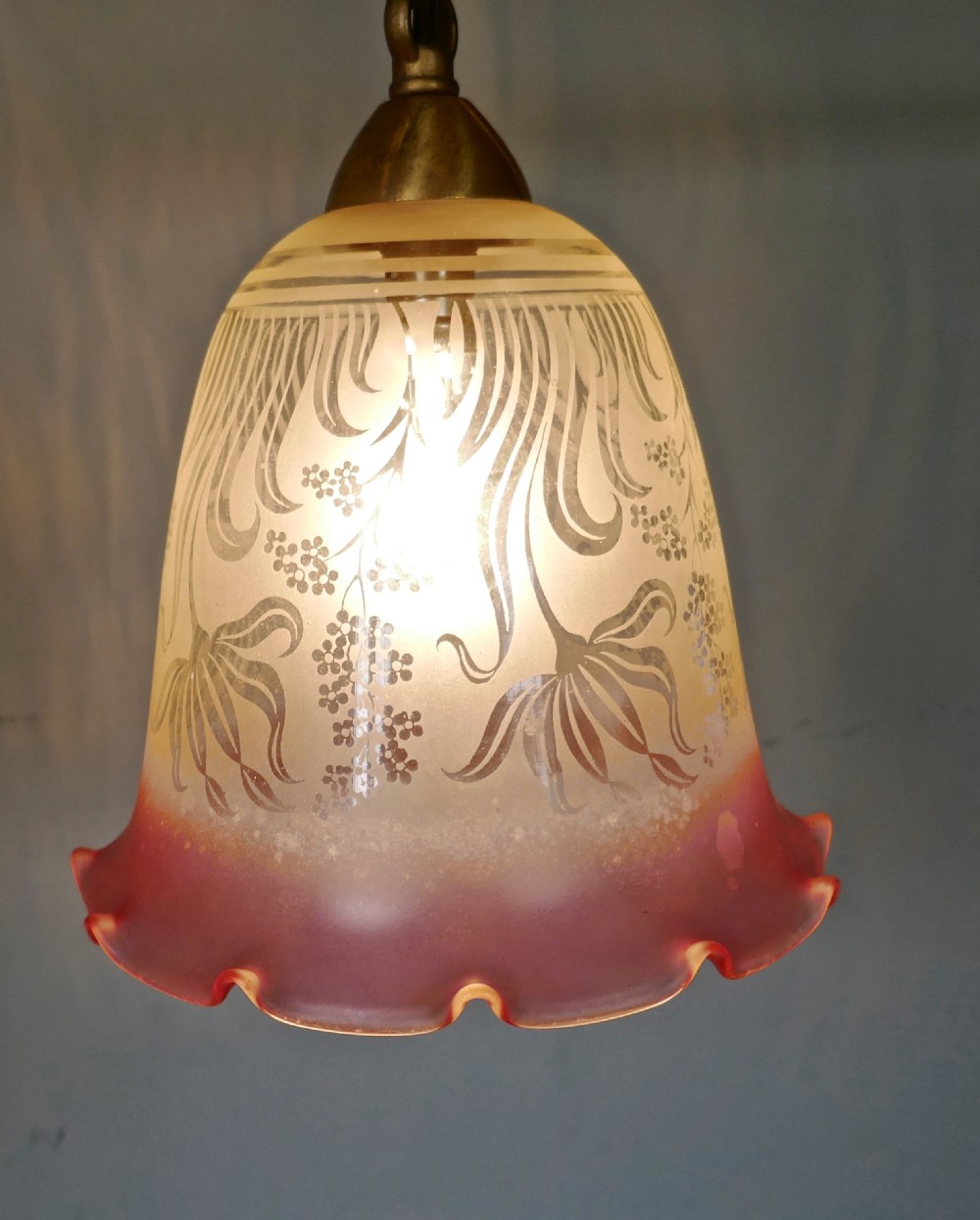 A pair of Large Glass Ceiling Lights with Etched, Pink and Clear Pendant Lampshades View VIII