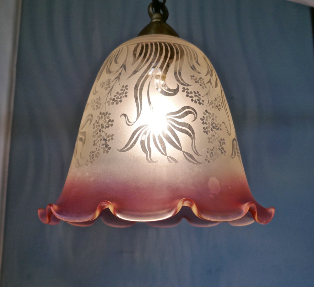 A pair of Large Glass Ceiling Lights with Etched, Pink and Clear Pendant Lampshades View X