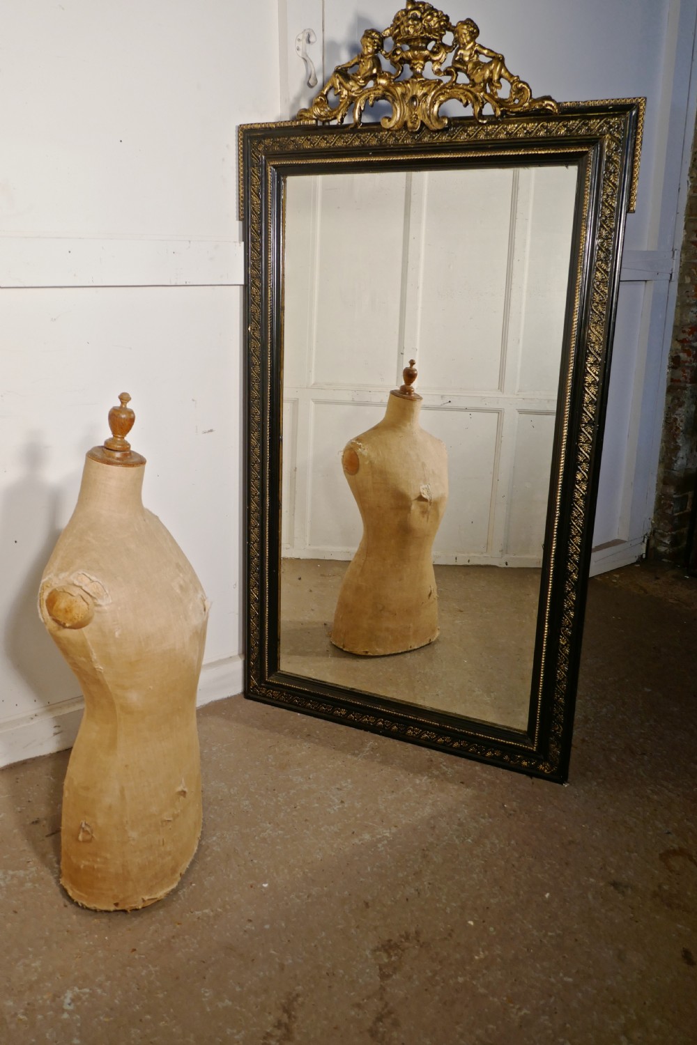 Large French Ebonised and Gilt Wall Mirror, Reclining Cherubs Crest  View VIII