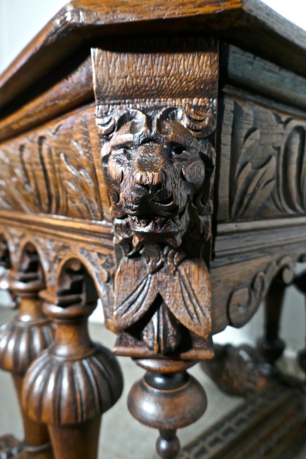19th Century Green Man Carved Golden Oak Hall or Centre Table View VI