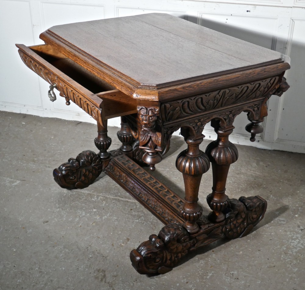 19th Century Green Man Carved Golden Oak Hall or Centre Table View IX