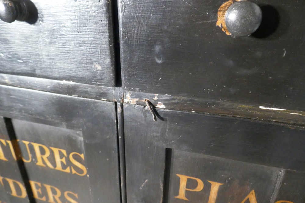 19th Century Chemist Drawers 37 Drawer, Painted Pharmacists Cabinet View XI