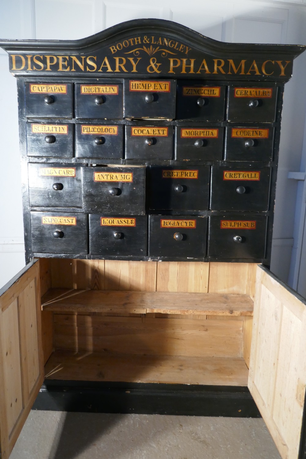 19th Century Chemist Drawers 37 Drawer, Painted Pharmacists Cabinet View XII