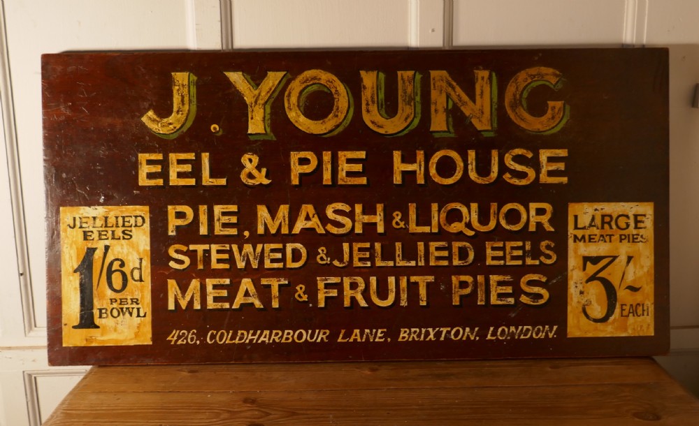 Large Painted Wooden Advertising Sign, Youngs London Eel and Pie Shop