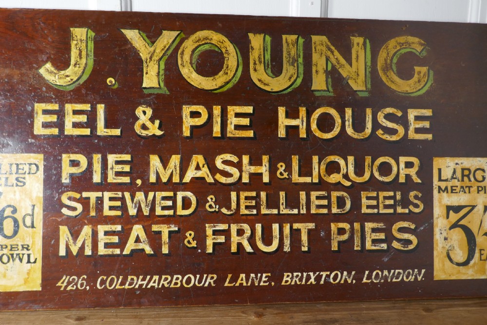 Large Painted Wooden Advertising Sign, Youngs London Eel and Pie Shop View II