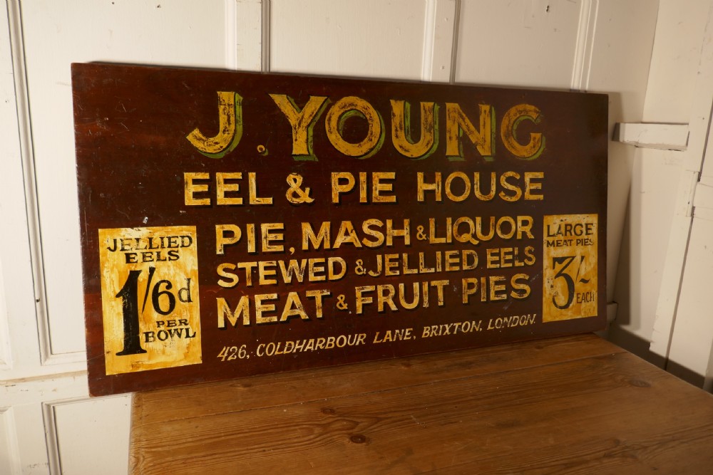 Large Painted Wooden Advertising Sign, Youngs London Eel and Pie Shop View III