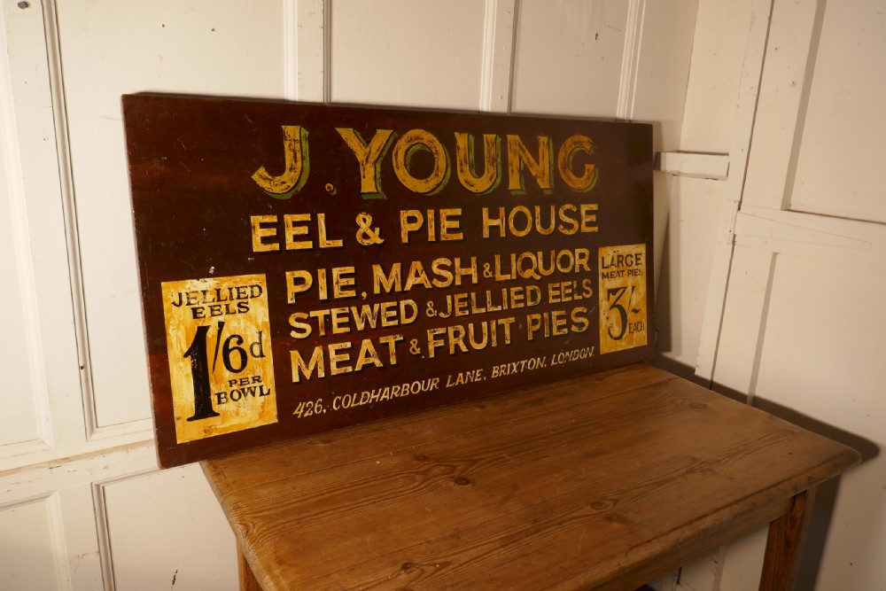 Large Painted Wooden Advertising Sign, Youngs London Eel and Pie Shop View IV