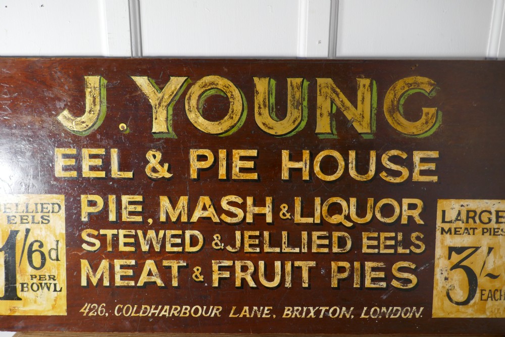 Large Painted Wooden Advertising Sign, Youngs London Eel and Pie Shop View V