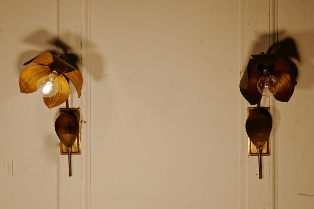 A Pair of French Art Deco Toleware Sunflower Wall Lights