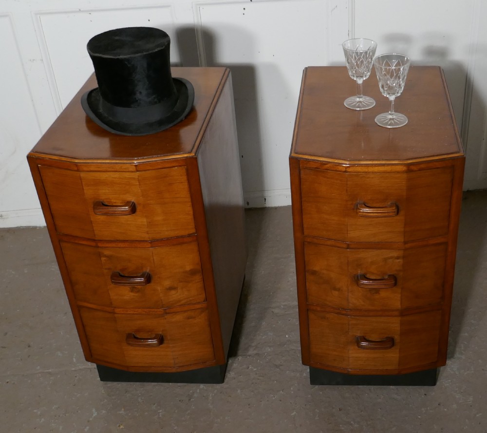 A Pair of Figured Walnut Art Deco Bedside Drawer Cabinets View IV