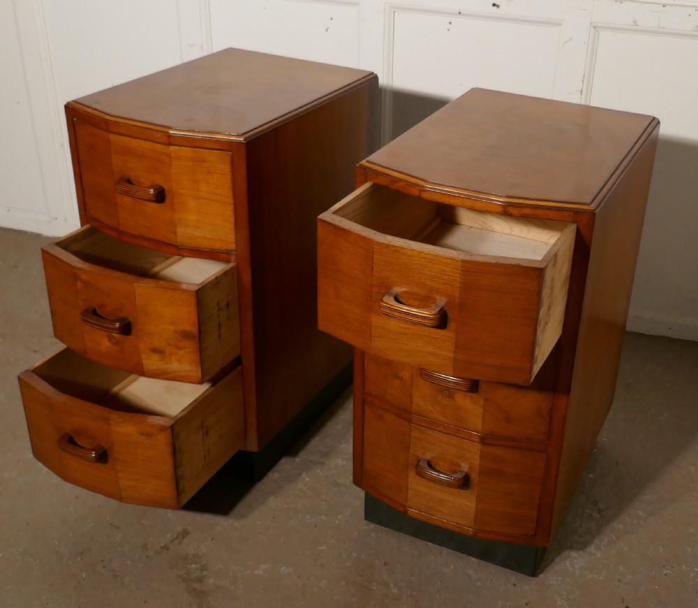 A Pair of Figured Walnut Art Deco Bedside Drawer Cabinets View VII