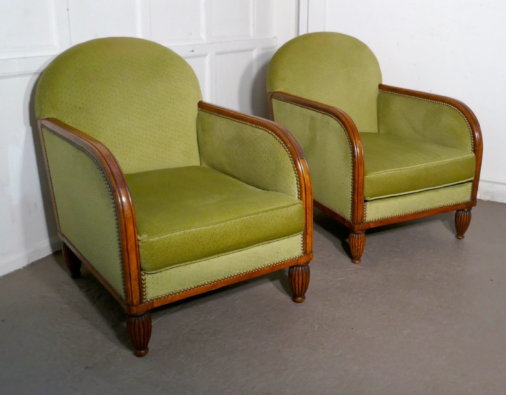 A Pair of French Art Deco Walnut Upholstered Club Chairs View XIII