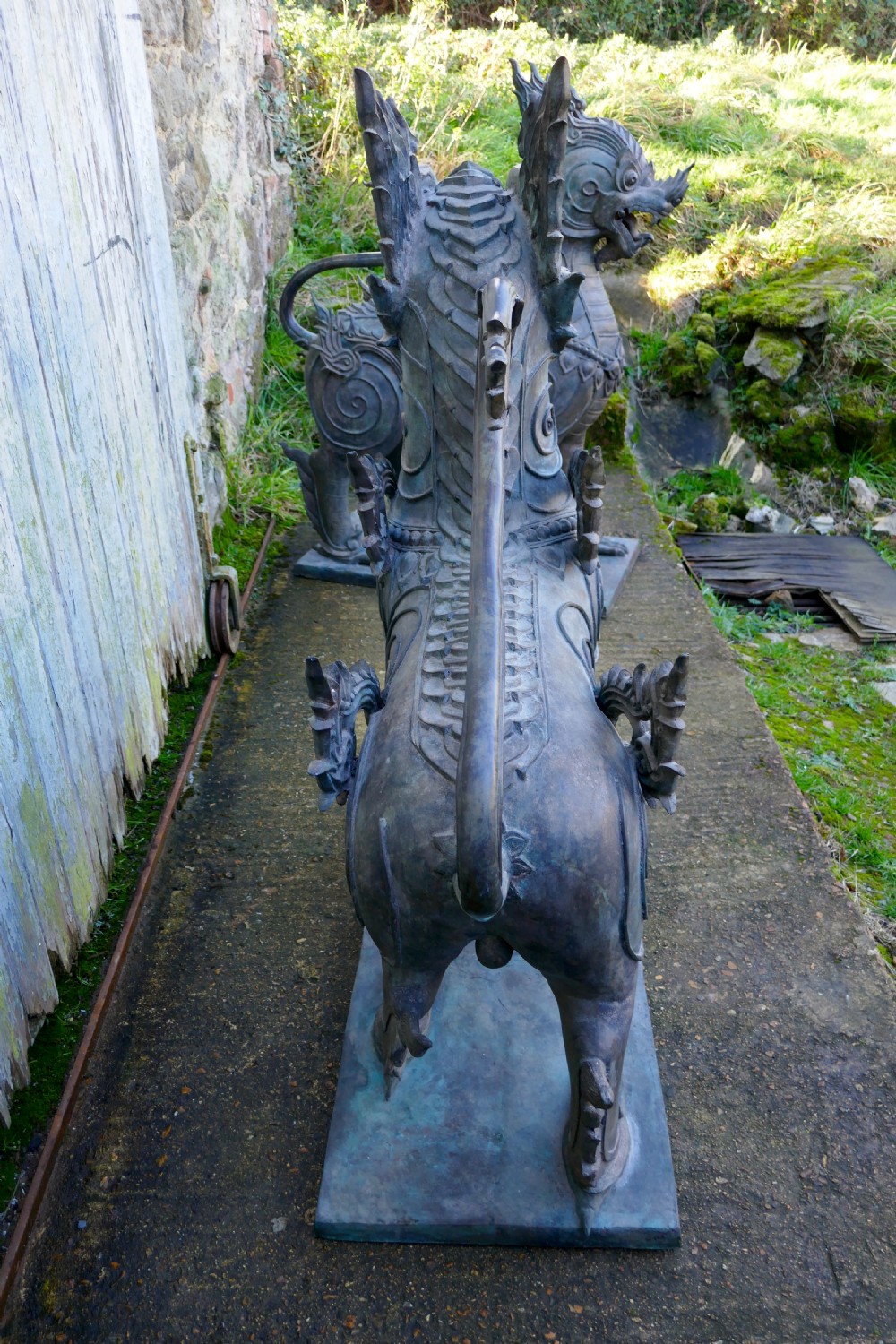 A Pair of Large Bronze Thai Temple Guardian Foo Lion Dogs View II