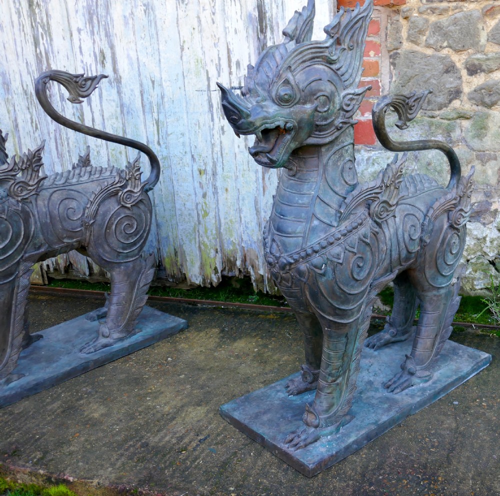 A Pair of Large Bronze Thai Temple Guardian Foo Lion Dogs View X
