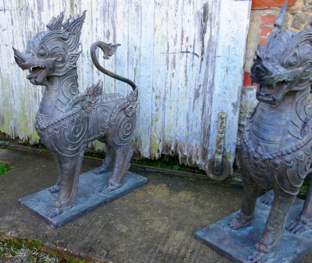 A Pair of Large Bronze Thai Temple Guardian Foo Lion Dogs View XI