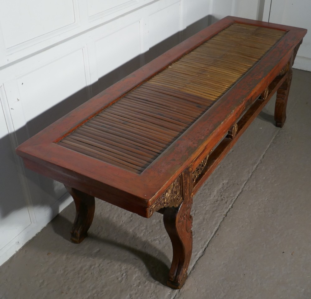 Oriental Long Low Table, Red Lacquered & Bamboo Coffee Table