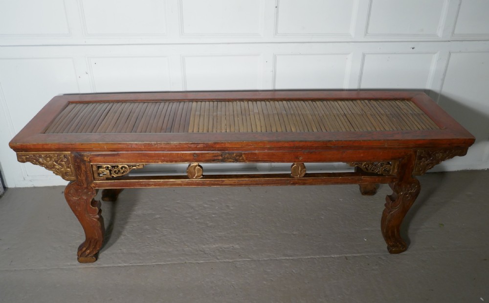 Oriental Long Low Table, Red Lacquered & Bamboo Coffee Table View II