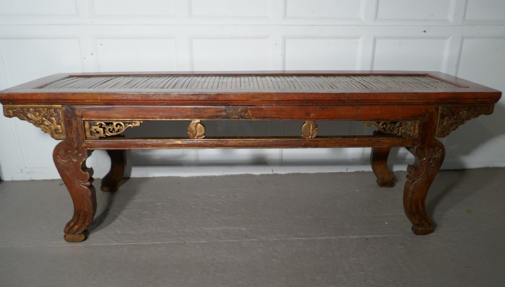 Oriental Long Low Table, Red Lacquered & Bamboo Coffee Table View III