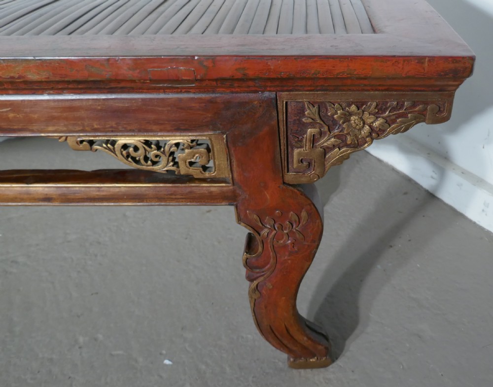Oriental Long Low Table, Red Lacquered & Bamboo Coffee Table View IV