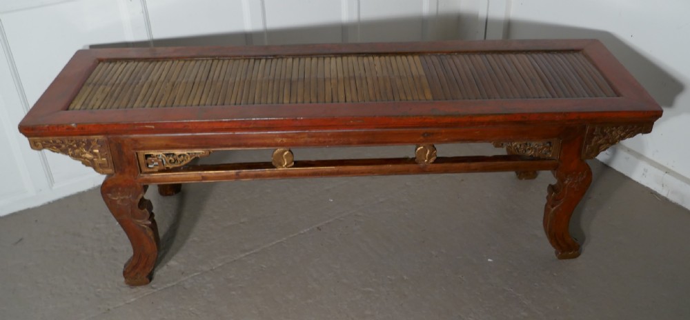 Oriental Long Low Table, Red Lacquered & Bamboo Coffee Table View VI