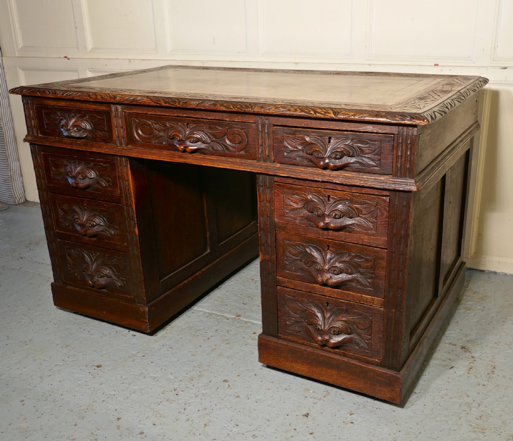 Victorian Green Man Carved Oak Pedestal Desk