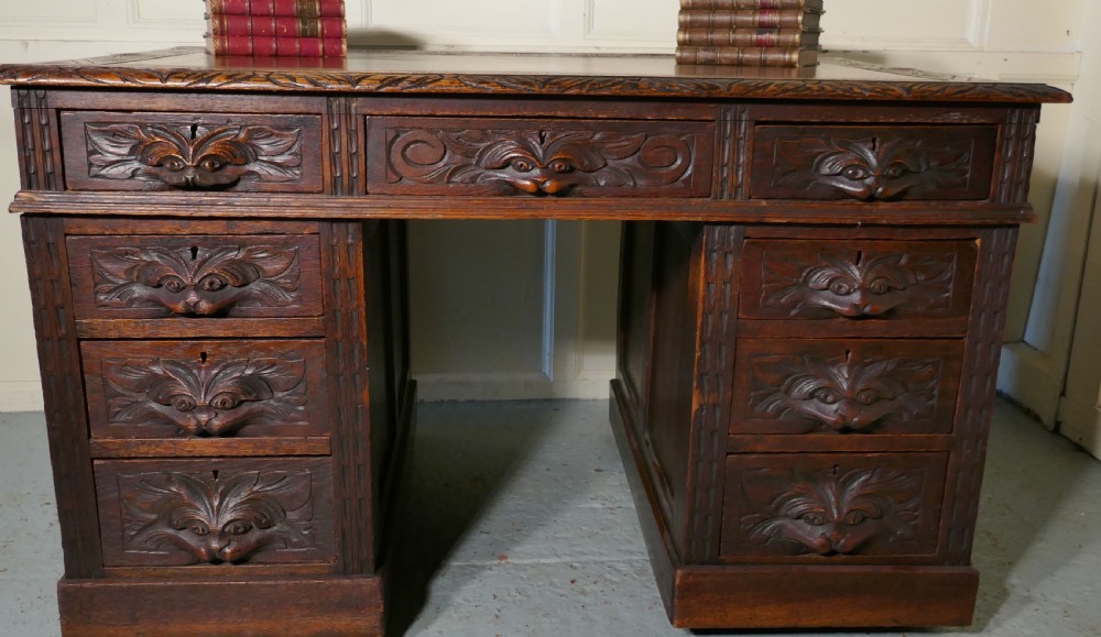 Victorian Green Man Carved Oak Pedestal Desk View III